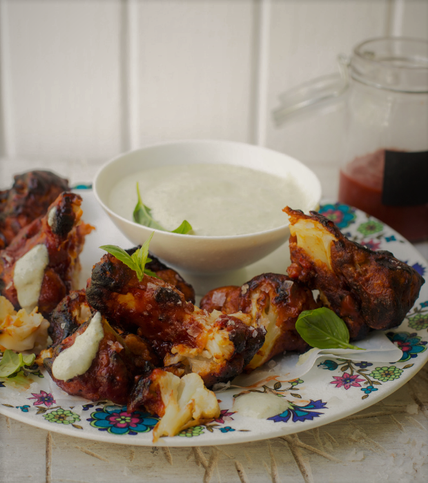 BBQ CAULIFLOWER NUGGETS WITH SOUR CREAM & CHIVE DIP